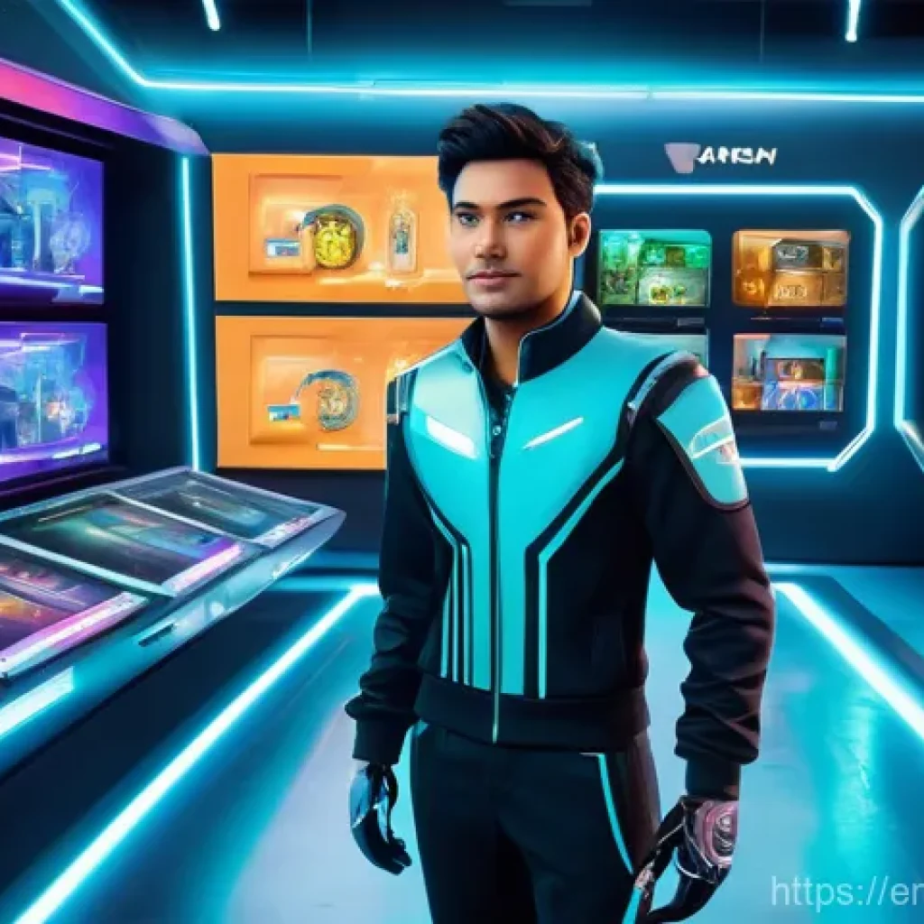 테일즈런너 경매 시스템 활용법 - A confident Tales Runner character, approximately 18-25 years old, stands amidst a bustling, futuris...