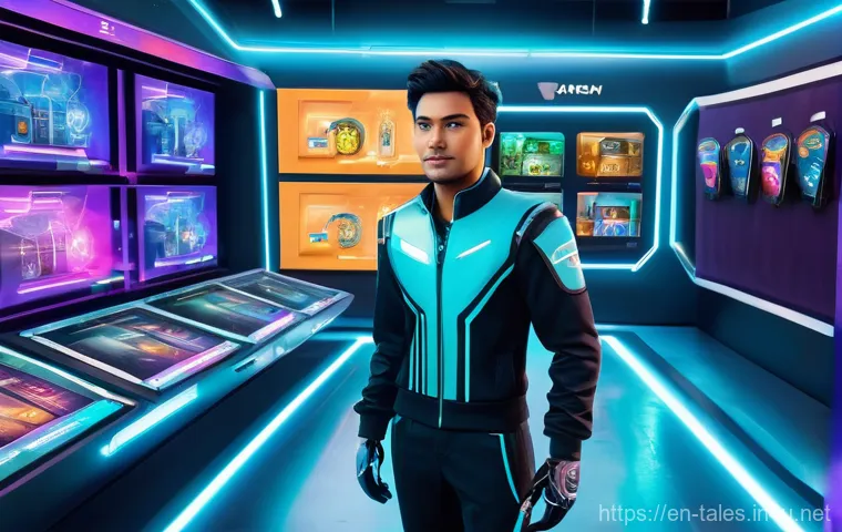 테일즈런너 경매 시스템 활용법 - A confident Tales Runner character, approximately 18-25 years old, stands amidst a bustling, futuris...