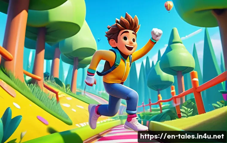 테일즈런너 계급별 플레이 스타일 - A dynamic scene of a beginner player character in a colorful, whimsical racing game environment, wea...