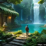 테일즈런너 맵 보상 아이템 - A vibrant, fantastical map scene from a treasure-hunting game featuring a dense, lush jungle environ...