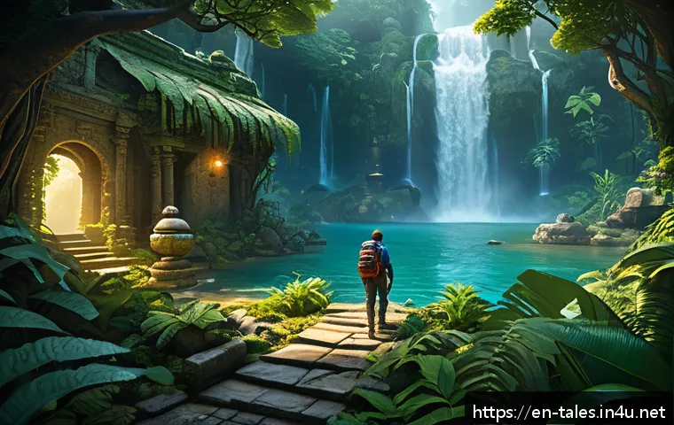 테일즈런너 맵 보상 아이템 - A vibrant, fantastical map scene from a treasure-hunting game featuring a dense, lush jungle environ...