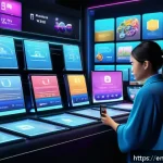 테일즈런너 아이템 거래 팁 - A dynamic digital marketplace scene inside a futuristic fantasy game, showing diverse player avatars...