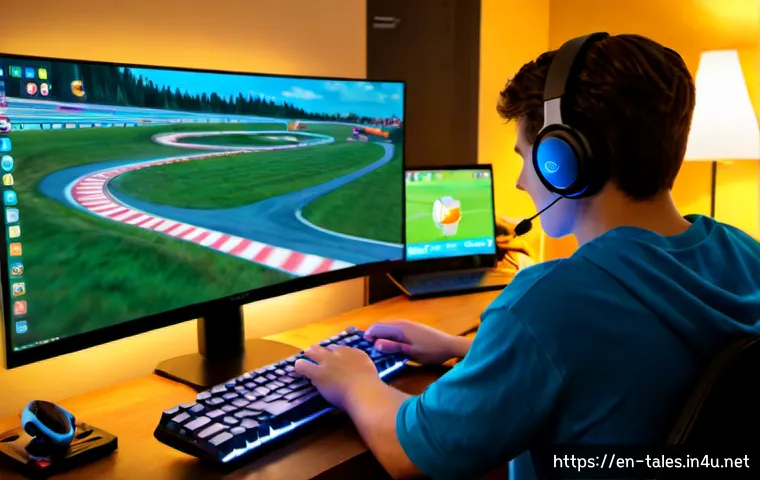 테일즈런너 이벤트 정보 - Photorealistic teenage gamer viewing a colorful fantasy running game event page on a widescreen moni...