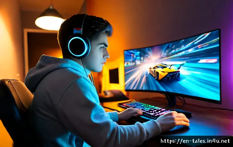 테일즈런너 실력 향상 연습법 - Photorealistic home gaming practice scene, focused young adult wearing casual hoodie and headphones ...